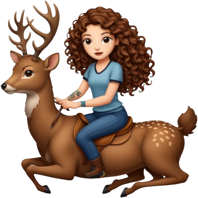 cute woman long curly brown hair tattoos riding calm deer emoji