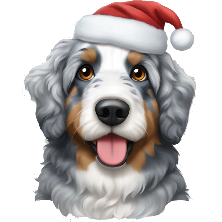 Blue Merle bernedoodle with a Santa hat  emoji