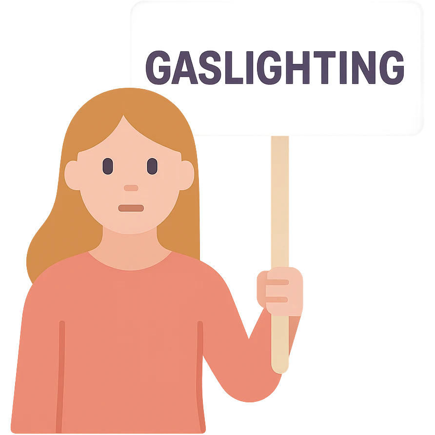 flat vector art of a woman with a protest sign reading 'Gaslighting', simple background emoji