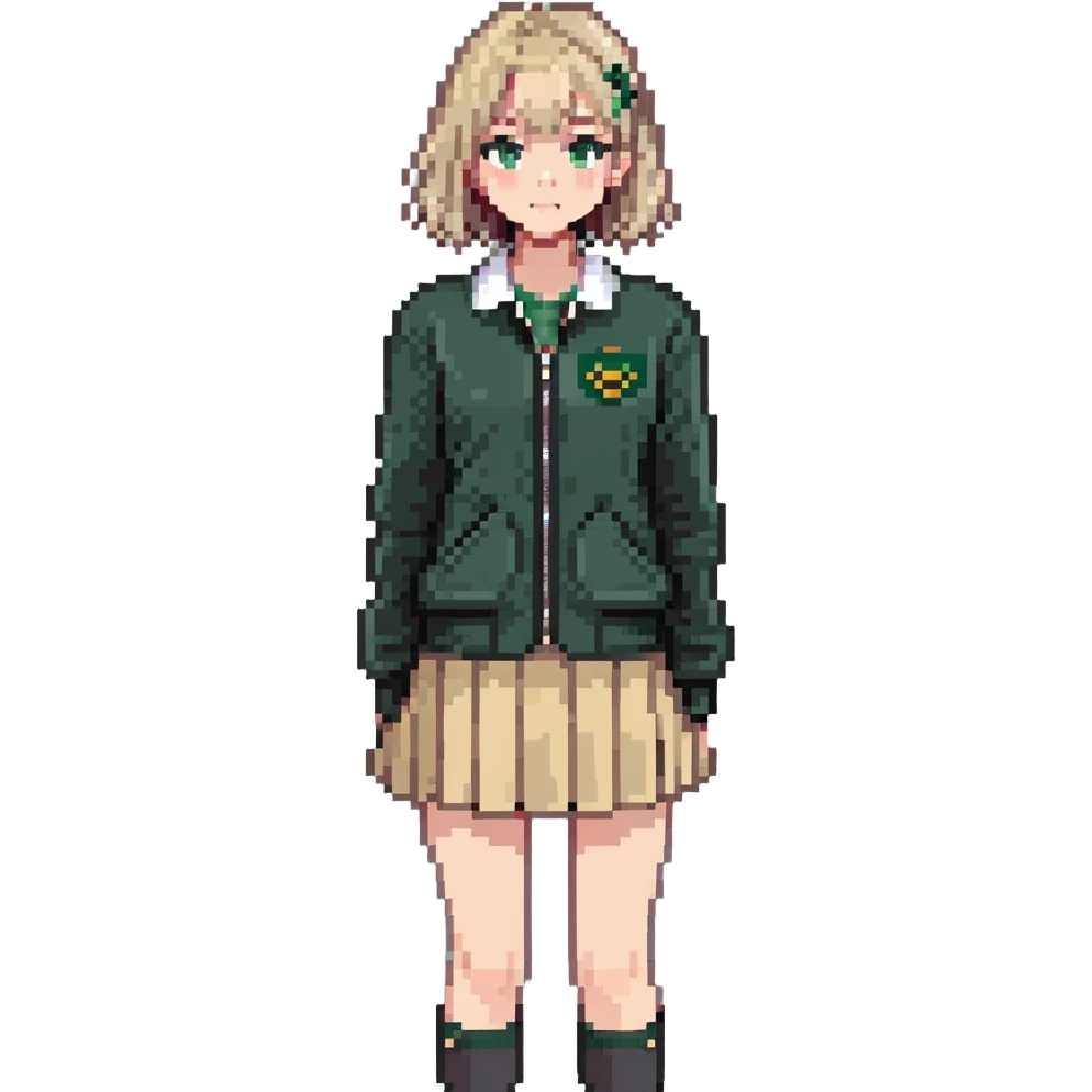 girl in a school uniform wearing a green polo, beige skirt, grey zipper jacket emoji
