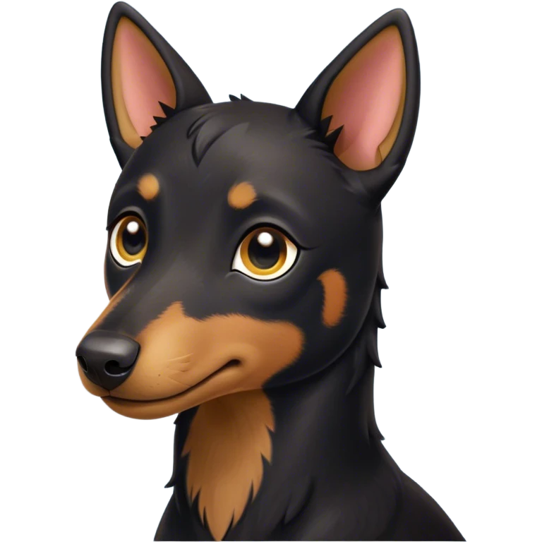 Cinematic Cute Black and Tan Kelpie Portrait Emoji, Head tilted playfully and inquisitively, featuring a sleek black Fur with vibrant tan markings, round, sparkling dark eyes filled with curiosity, Simplified yet irresistibly adorable features, highly detailed, glowing with a warm, friendly glow, high shine, affectionate and spirited, stylized with a touch of whimsy, bright and endearing, soft glowing outline, capturing the essence of a mischievous yet loving herder, so playful it feels like it could leap out of the screen and into your arms! emoji