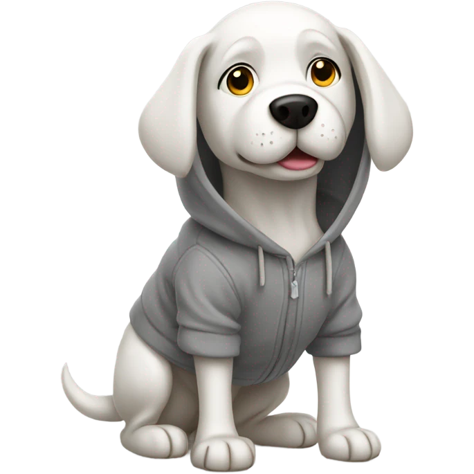 White dog wearing a grey hoodie  emoji