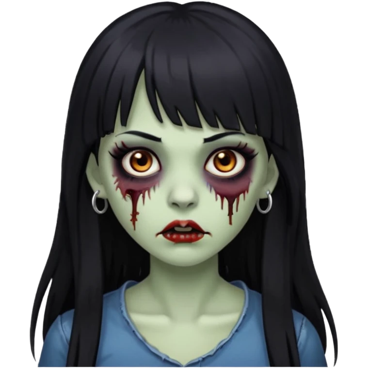 Zombie woman with long black hair and bangs, a nose piercing, and brown eyes. emoji