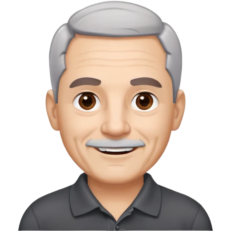Puerto Rican older man with round face, wide jaw, light skin. Expressive dark brown eyes, thick eyebrows. Short gray hair with receding hairline. Light gray stubble beard. Friendly smile. Wearing a black polo shirt. emoji