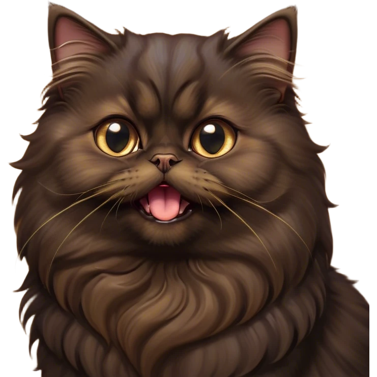Cinematic Adorable Big-Eyed Fluffy Dark Brown Persian Cat Portrait Emoji, Head tilted playfully with a cute, exaggerated yawn, fluffy dark brown fur with rich caramel and gold undertones, Simplified yet irresistibly cute features with large, expressive eyes, highly detailed, glowing with a warm and gentle glow, high shine, a mix of affectionate and sleepy, stylized with a touch of whimsy, bright and full of charm, soft glowing outline, capturing the essence of a fluffy, loving kitty yawning in the most adorable way, so endearing it feels like it could leap out of the screen and stretch out for a cuddle! emoji