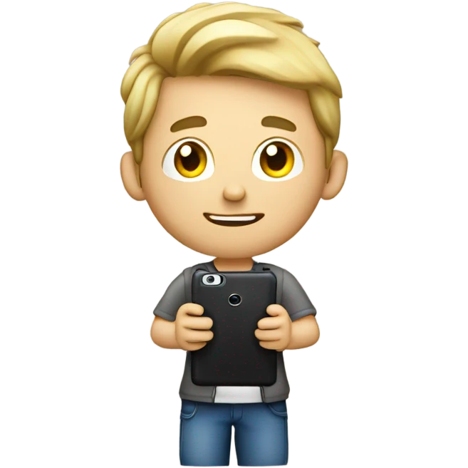 European boy takes pictures with his cell phone emoji