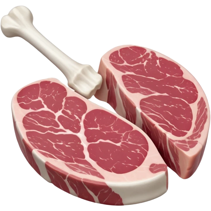 raw pork chops, one or two bone-in, soft pink meat, creamy white fat cap, curved rib bone, fresh and slightly moist, natural marbling, visible muscle grain, arranged slightly overlapping or fanned out, clean 3D look, soft lighting, no pan or seasoning, no faces, emoji scale emoji