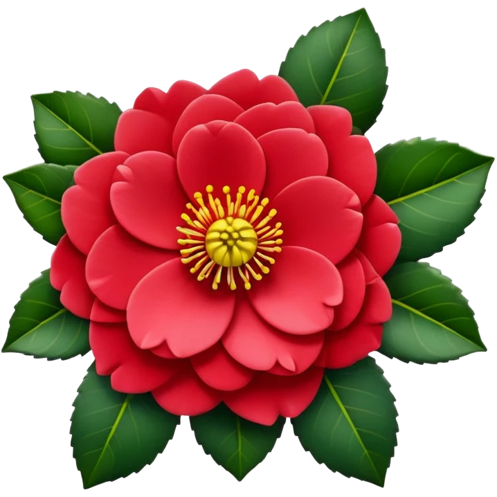 Classic camellia flower with perfectly arranged overlapping red petals, distinctive yellow stamens in center, and serrated glossy dark green leaves emoji