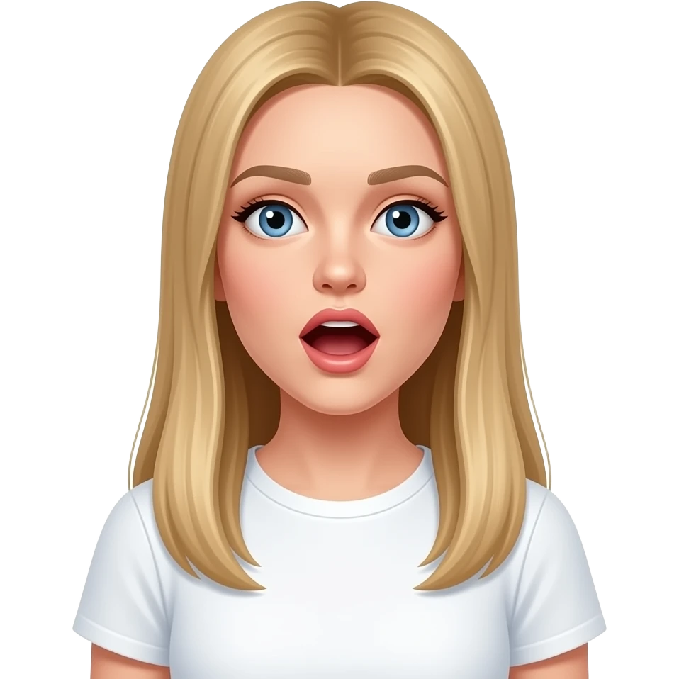 ragazza russa bionda occhi azzurri capelli lisci lunghi, stupita a bocca aperta maglietta bianca emoji