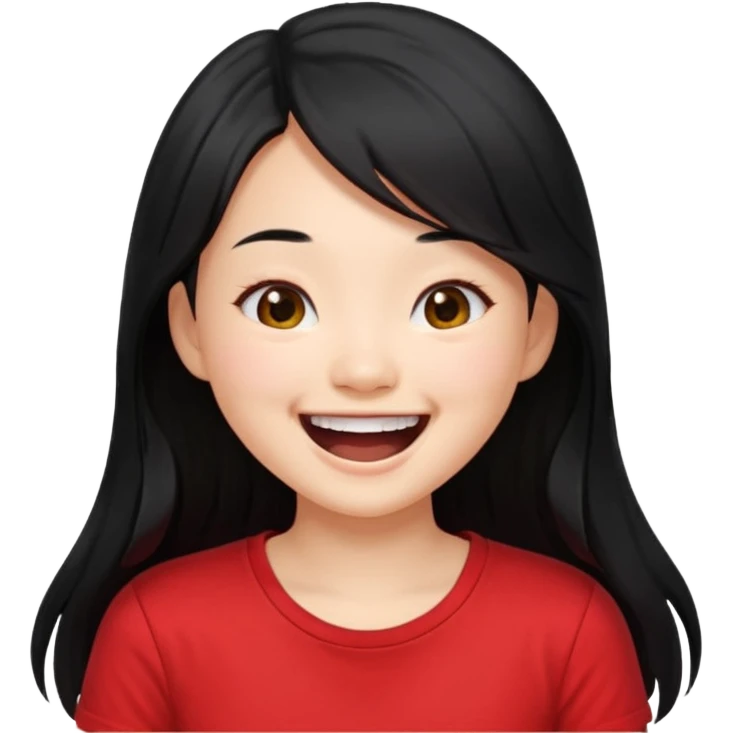 Cute asian girl with long hair and red t shirt who is laughing emoji