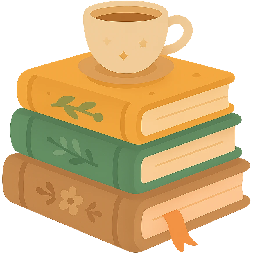 A cute stack of books with a cozy and magical vibe, each book bound in soft, harmonious colors: golden orange (FA9B41), forest green (4A7C5C), warm taupe brown (96775A), and pastel peach (FFCC9A). The books are slightly worn with rounded corners and decorative covers featuring tiny stars, floral motifs, or whimsical patterns. A ribbon bookmark peeks out from one, and a small cup of tea or magical trinket rests on top of the stack. The lighting is warm and gentle, with a dreamy, storybook feel. The overall scene feels inviting, charming, and gently enchanted emoji
