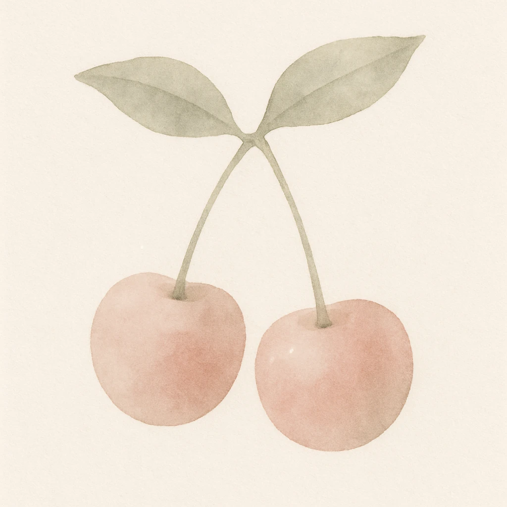 two cherries with green leaves, connected by stems, watercolor art style, soft edges, gentle shading, sparkle effect around the cherries emoji