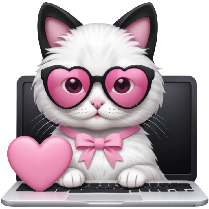 Black and white cat with pink ribbon and black cool sunglasses doing pink computer with pink heart emoji