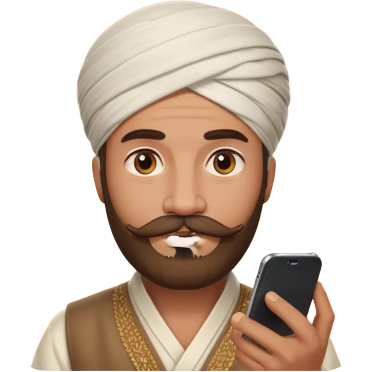 A man wearing imama sharif (traditional turban), with a beard and moustache, using a smartphone. The man looks focused while using the mobile. Realistic emoji-style illustration with soft lighting and warm tone emoji