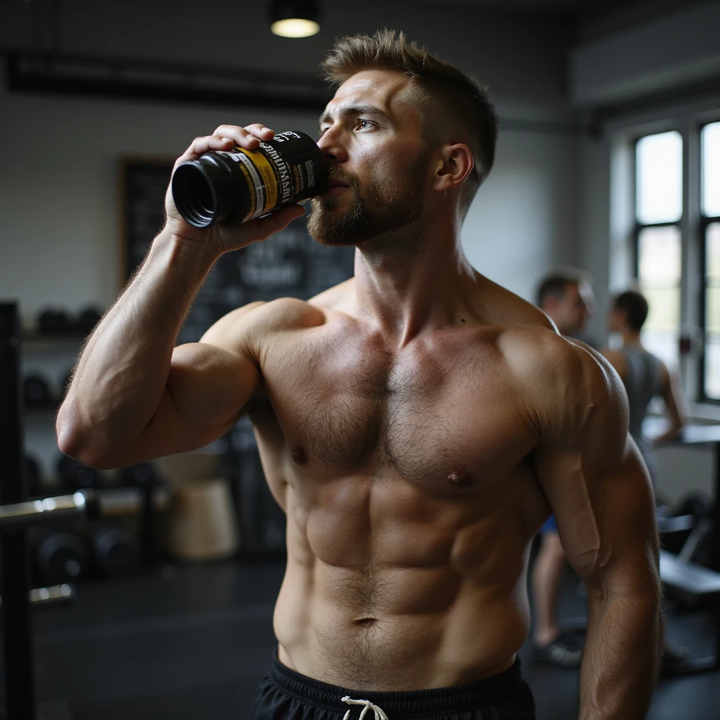 realistic image of a bodybuilder drinking a Citrulline and Nitrate supplement before workout, pumped muscles, gym environment, realistic details, visible supplement jars emoji