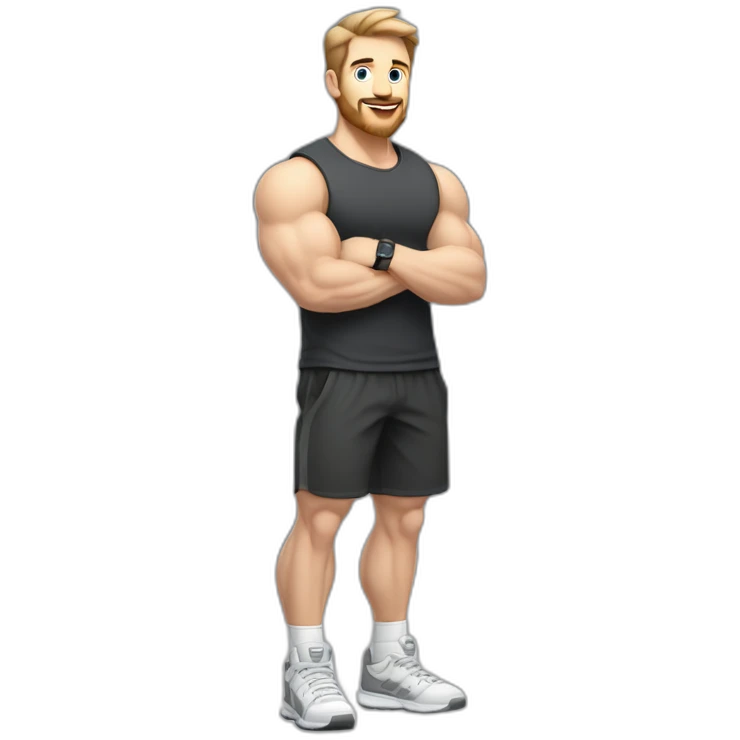 Full height Pale skinned fit man With biceps, Realistic eyes and mouth, light brown hair and stubble In dark gray sleeveless mike, black oversize sports shorts, watch and white sneakers. emoji