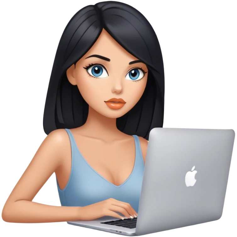 Glamours tanned very beautiful girl with pump peach nude lips and black straight smooth medium length hair, blue-grey eyes with MacBook emoji