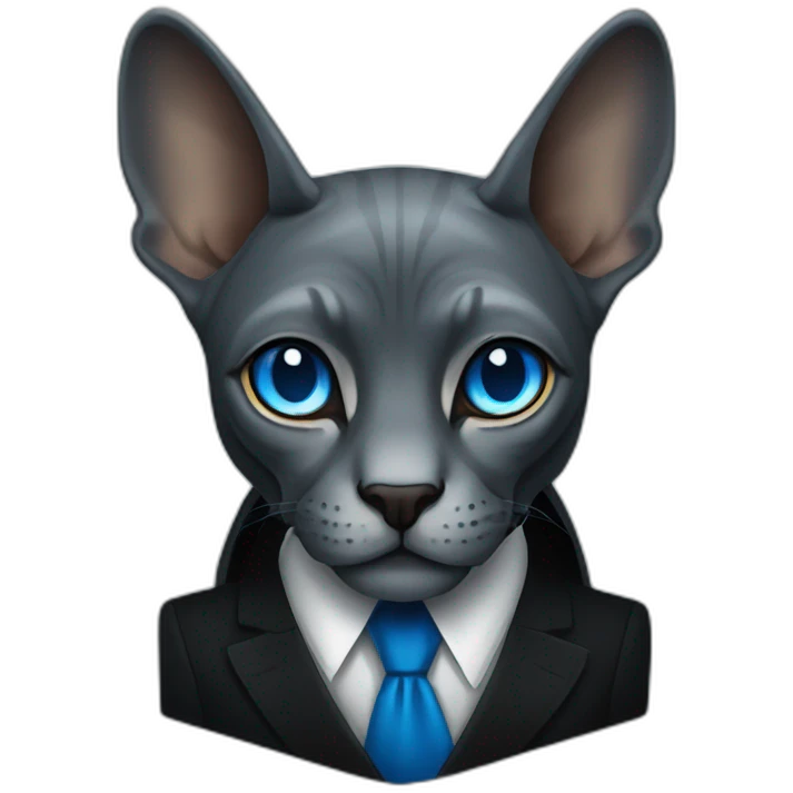 dark grey sphinx with bright blue eyes wearing black suit, portrait emoji