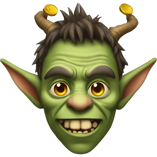 Goblin looking person with horns and a big nose holding coins emoji