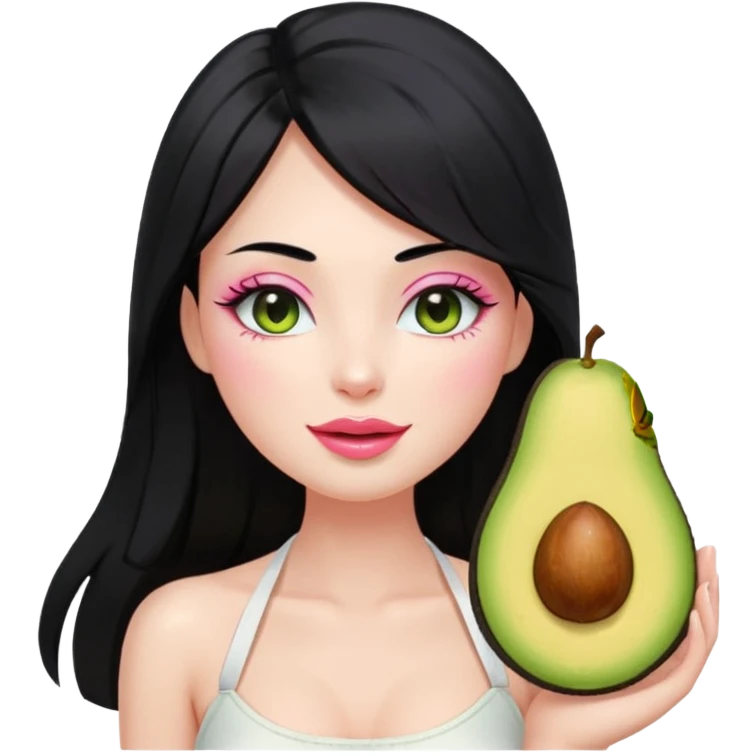 Long black hair with no bangs, straight hair, pretty face. Wearing white halter top. Pink blushed cheeks, long lashes, pin glossy lips. One eyes with wink. One hand with avocado juice.d emoji