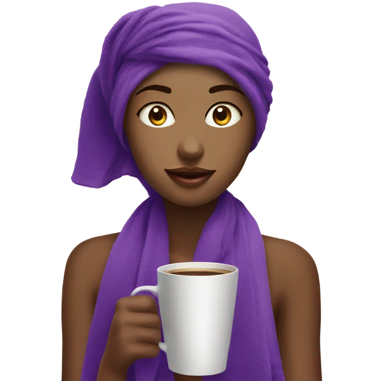 beautiful girl with a purple towel on her head drinks coffee emoji