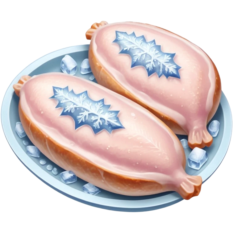 A pack of frozen chicken breasts sealed in transparent plastic packaging, covered with frost and ice crystals. The meat looks pale pink with a slight icy glaze, sitting in a freezer with cool blue lighting. Realistic detail, cold atmosphere, food photography style. emoji