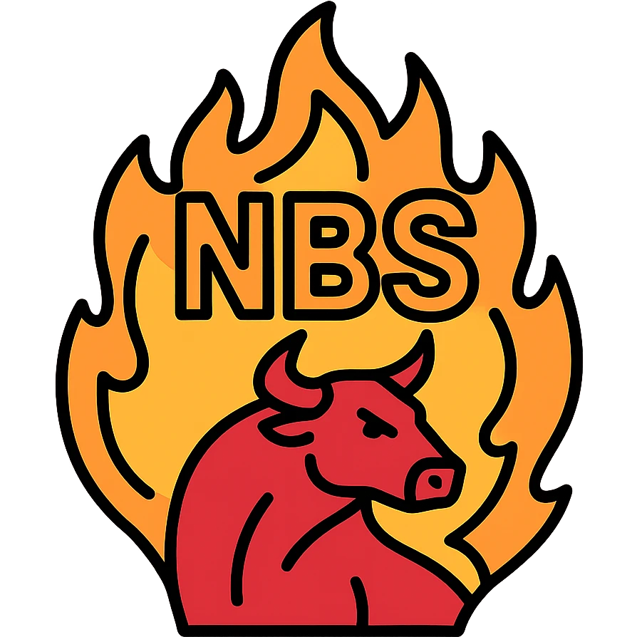 letters 'NBS' and a bull, both outlined in fire, transparent background, designed to stand out as a Discord emoji emoji