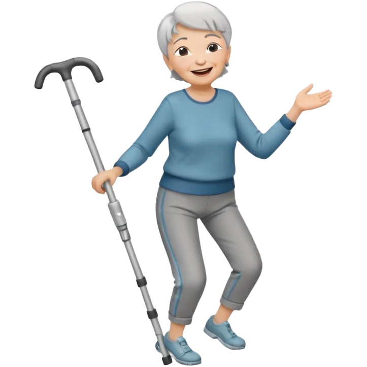 old woman with short hair, dressed with pants, langhing and dancing with crutches emoji