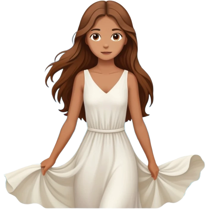 Girl with long brown hair wearing a flowing white dress, standing where the sea meets the mountains Montenegro in the background  emoji