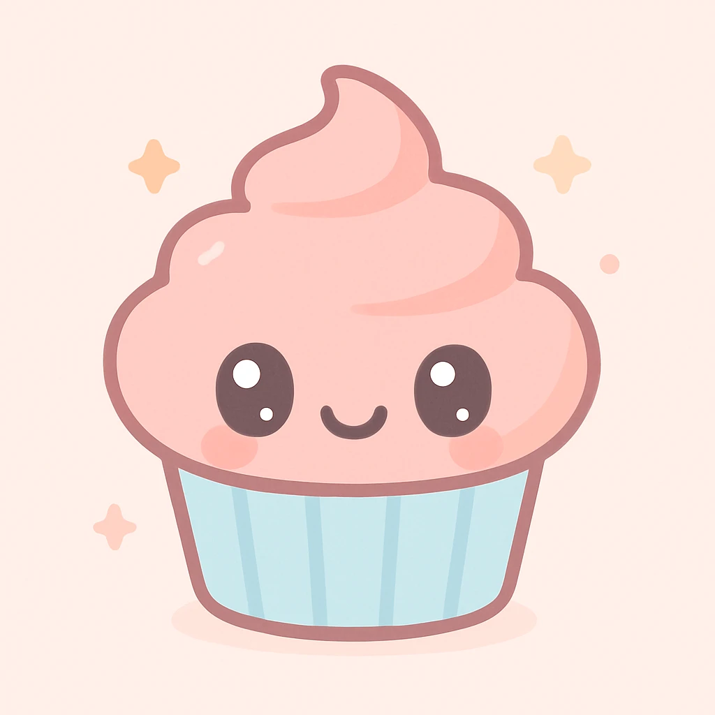 cupcake with pink icing, kawaii face, pastel colors emoji