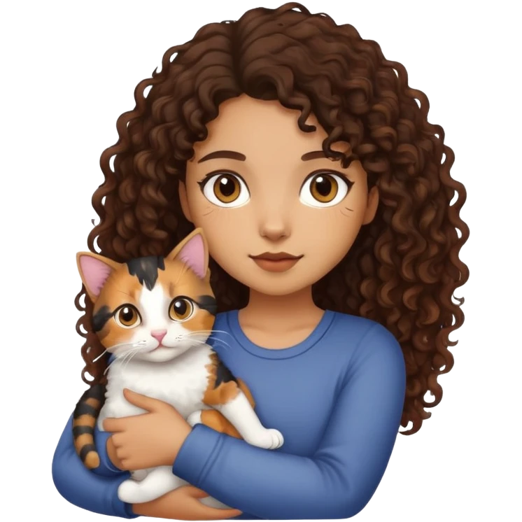 Light brown skin, dark curly hair, girl holding calico cat emoji