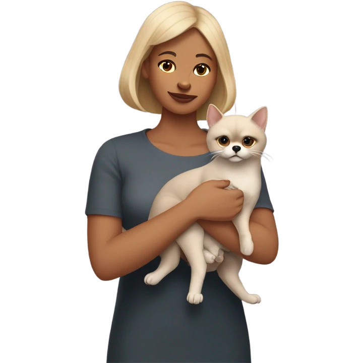Woman in the right arm is holding a sphinx grey cat and in the left arm holding a Pomeranian dog emoji