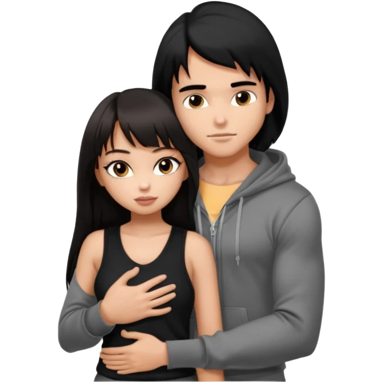 generate a pretty bratz girl in black cami top, dark brown straight long hair with bangs, eyeliner on, 

hugging a handsome muscular boy with black hair and a grey hoodie emoji