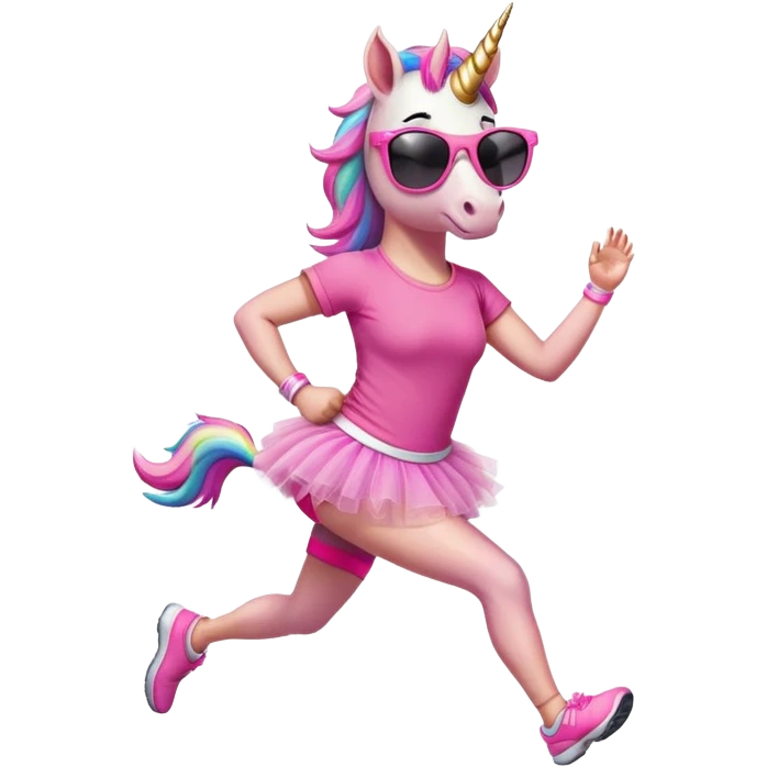 friendly anthropomorphised female unicorn with horse-like face, in tutu and pink t-shirt, wearing dark sunglasses, jogging upright in relaxed pose emoji