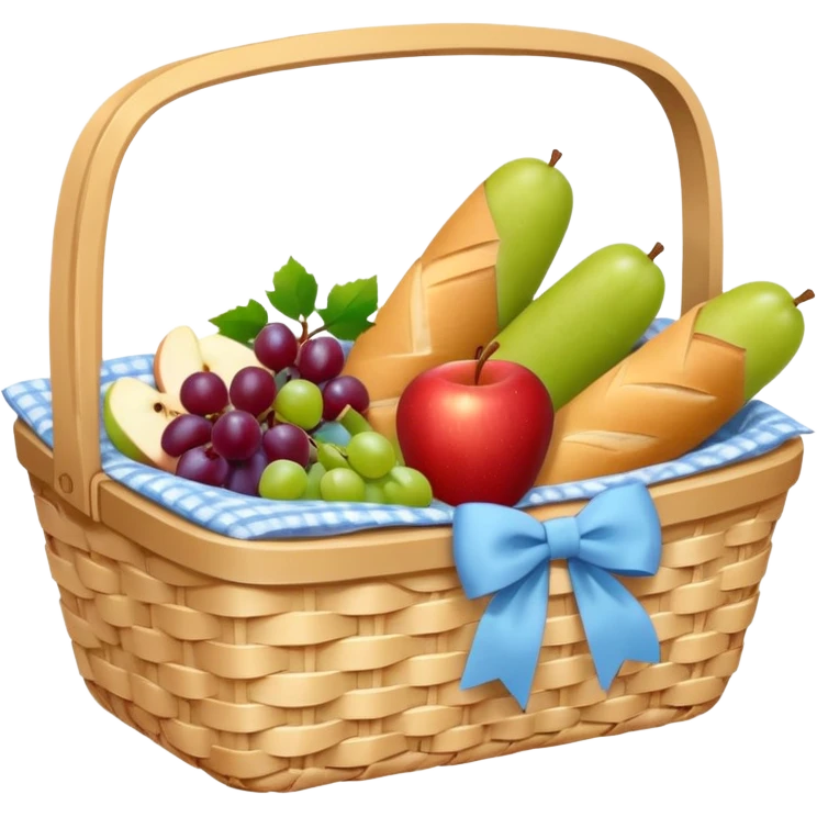 A white Picnic basket with pastel blue bow，contained baguettes and fruit, emoji