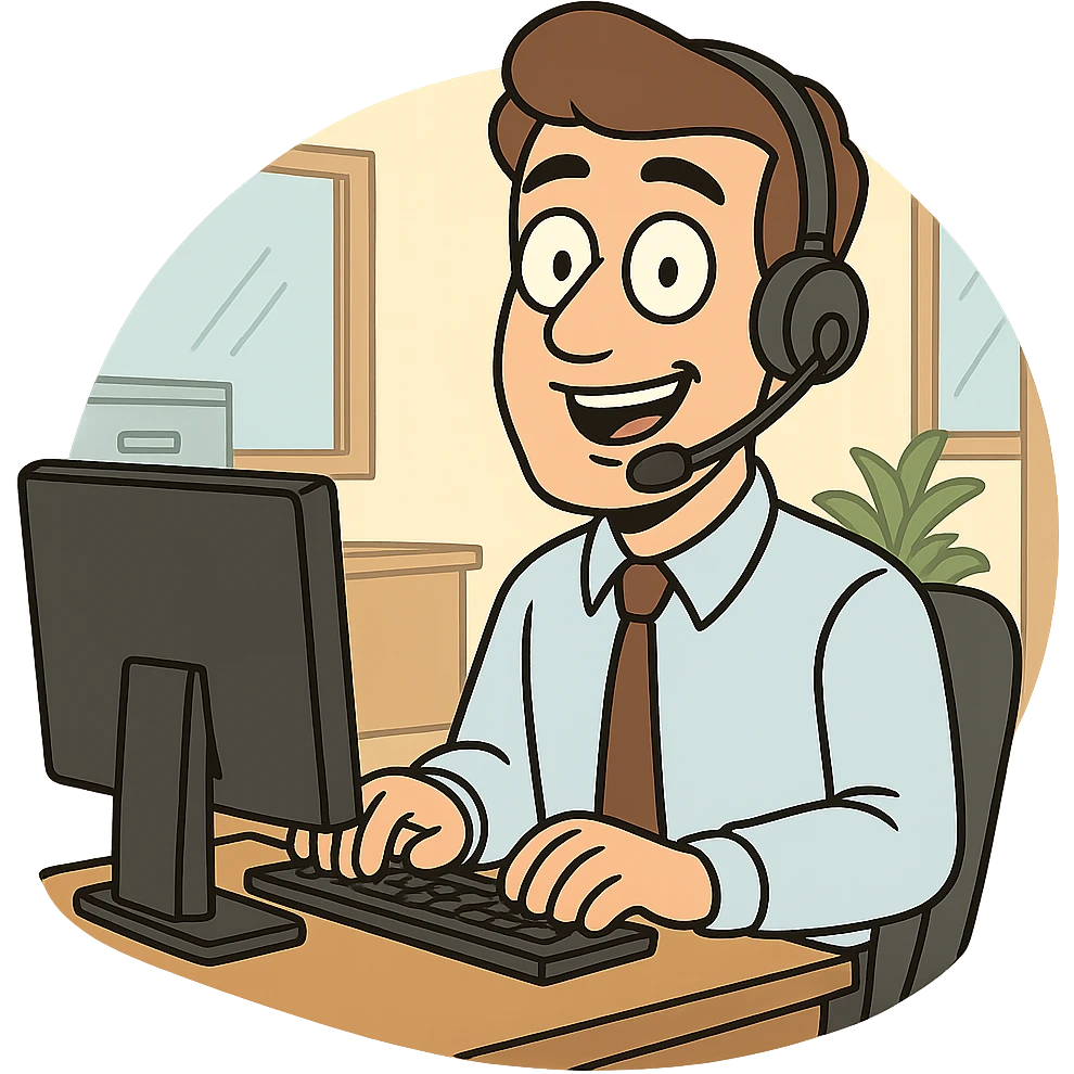 A male call center agent with a headset, smiling, in a professional office setting, cartoon style. emoji