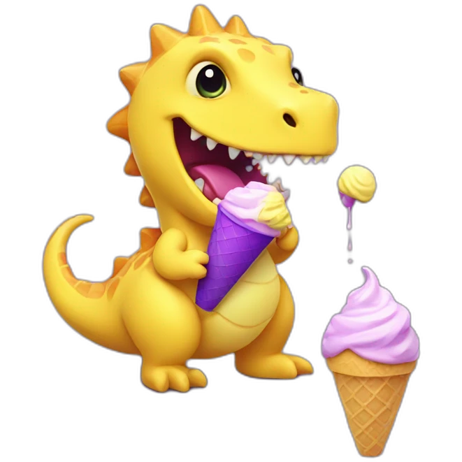 Yellow mini cute dinosaur eating purple ice cream  emoji