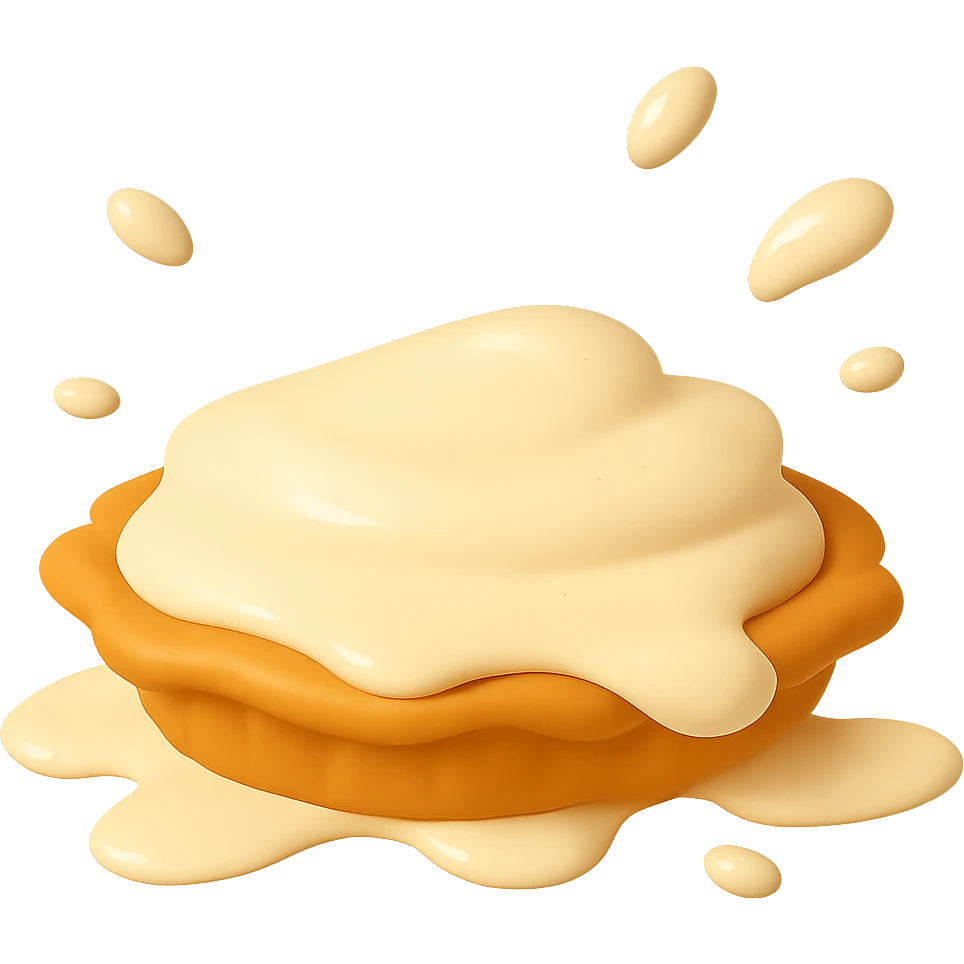 Show the cream pie almost fully splatted, cream and crust spreading wider, playful 3D emoji style, golden brown crust, same angle as reference. (Stage 5 of 6) emoji
