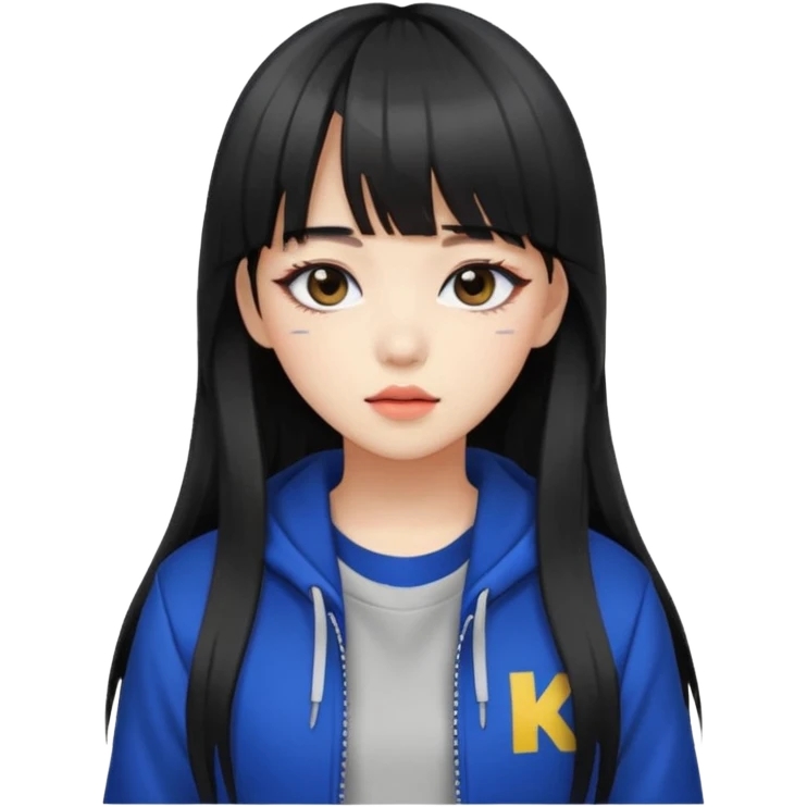 Portrait of a female K-pop idol, wearing a stylish streetwear outfit with layered clothing, long hair with bangs, makeup, cool face emoji