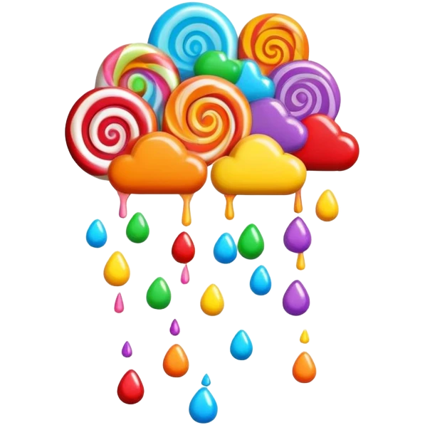 candy rain falling from clouds, colorful candies emoji