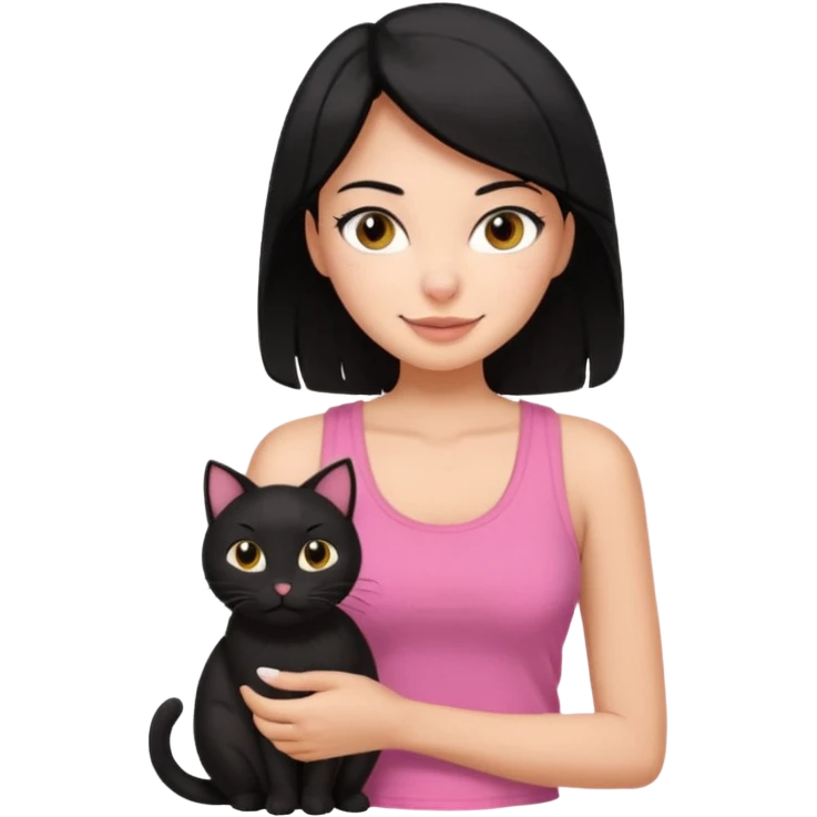 pretty woman with black hair and brown eyes, wearing a pink tank top, holding a black cat, cheerful expression emoji