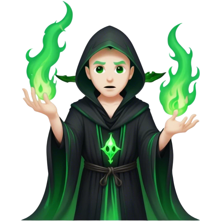A dark sorcerer in flowing black robes, conjuring eerie green flames emoji