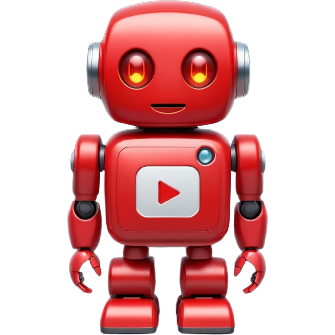 adorable red robot mascot with a big white play button on its chest, rounded body, glowing eyes, small limbs, friendly expression, futuristic, flat emoji style emoji