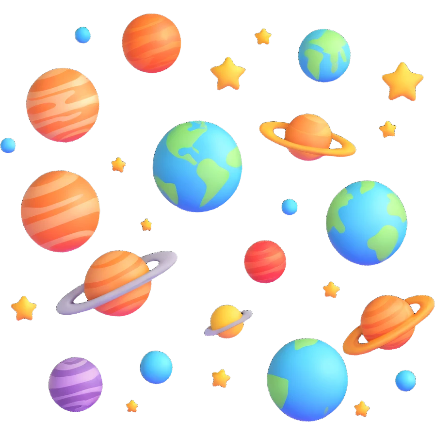 Colorful planets and stars floating in space, white background, bright colors, lively atmosphere emoji