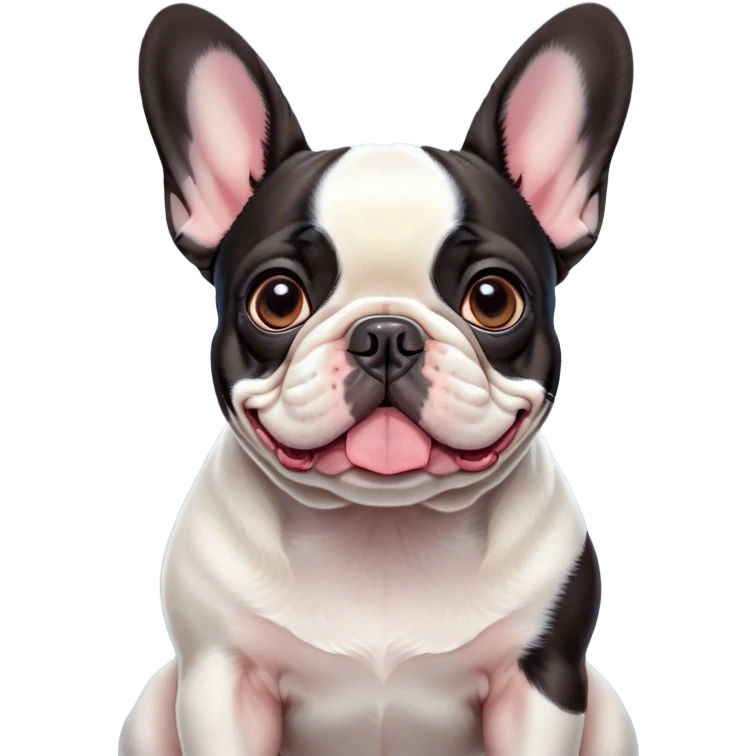 Cinematic Cute Pied French Bulldog Portrait Emoji, Head tilted with a sweet, mischievous grin and large, inviting eyes, featuring a unique pied fur of contrasting colors, simplified yet irresistibly endearing, highly detailed, glowing with a warm, playful radiance, high shine, exuding a quirky charm and affectionate personality, styled with a soft, lighthearted outline, capturing the essence of a cute Pied French Bulldog that looks ready to charm its way into your heart! emoji