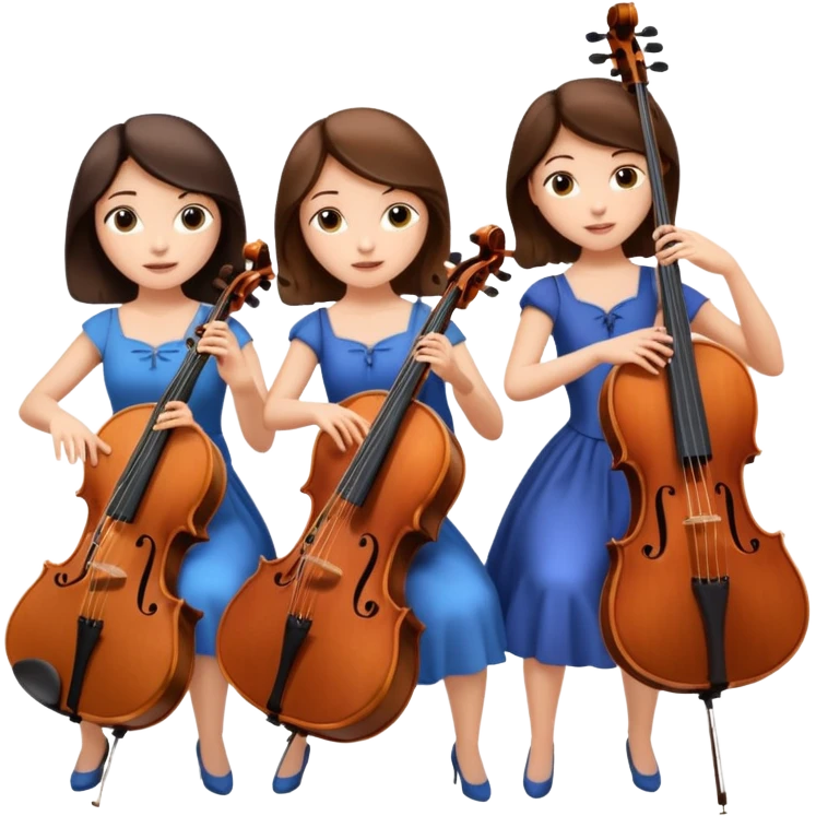 Create an imagine of three brunette women playing string instruments, the first is playing a cello, the second is playing a viola and the third is playing the violin emoji