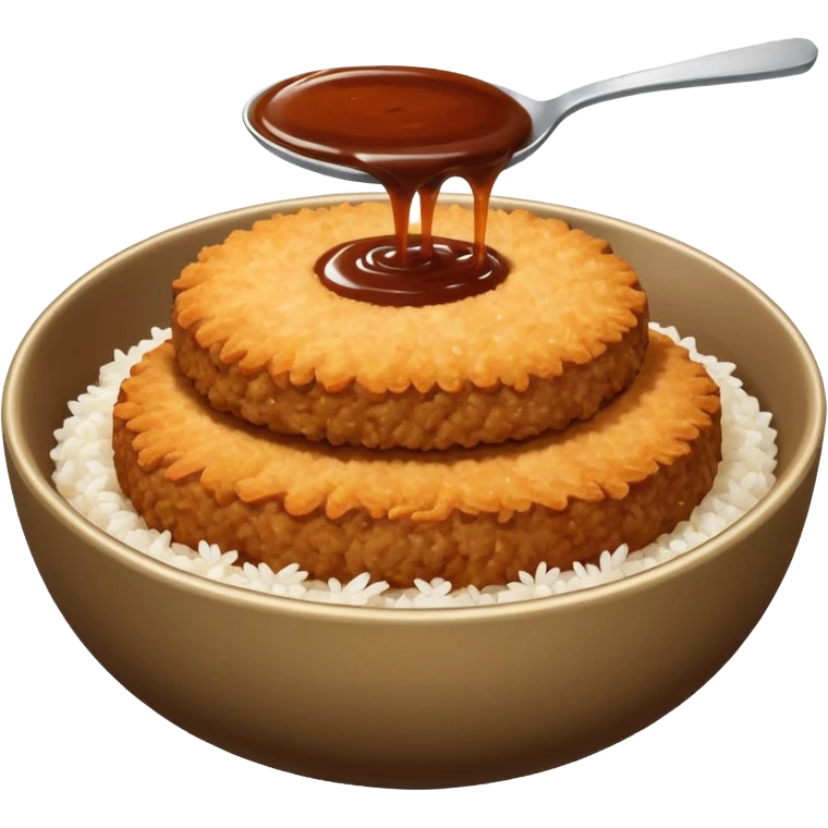 bowl filled with rice, a bit of brown sauce over the rice and a breaded pork cutlet over it. no cutlery or chopsticks anywhere emoji