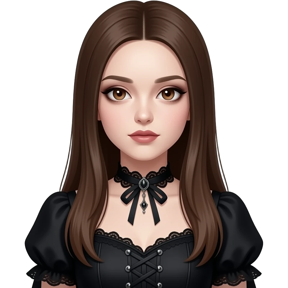 realistic pretty white skin long straight brown hair girl brown eyes long face wearing gothic dress and gothic makeup HD emoji
