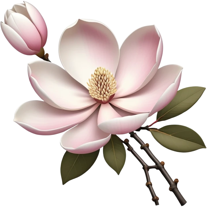 Japanese style Magnolia kobus (kobushi) flower in ukiyo-e inspired design, elegant white petals with subtle pink tinge, bare branches, traditional composition like Japanese woodblock prints emoji