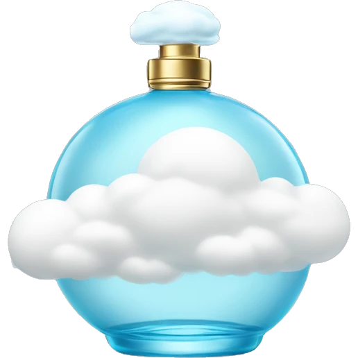 light blue round perfume bottle with large white cloud decoration at its base emoji